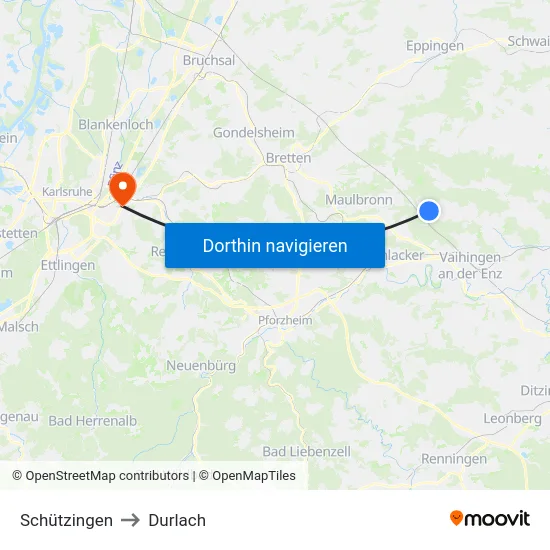 Schützingen to Durlach map