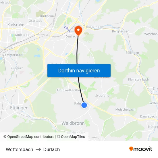 Wettersbach to Durlach map