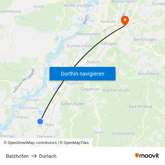 Balzhofen to Durlach map