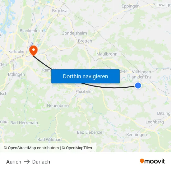 Aurich to Durlach map