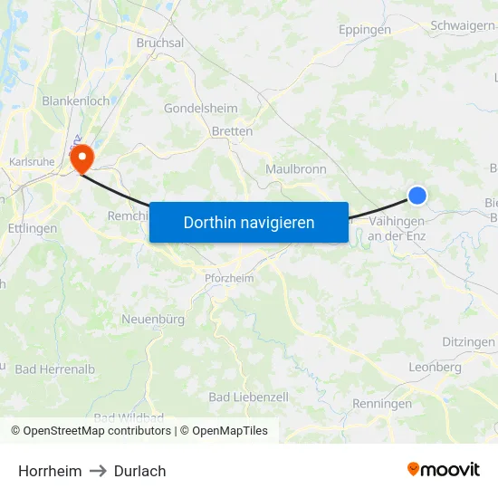 Horrheim to Durlach map