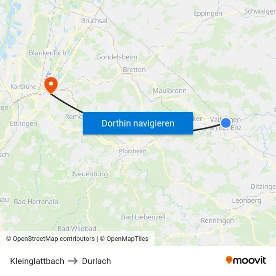 Kleinglattbach to Durlach map
