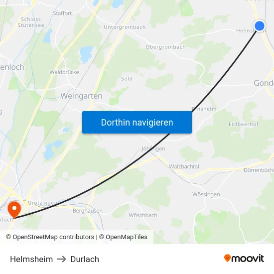 Helmsheim to Durlach map