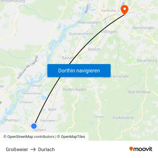 Großweier to Durlach map