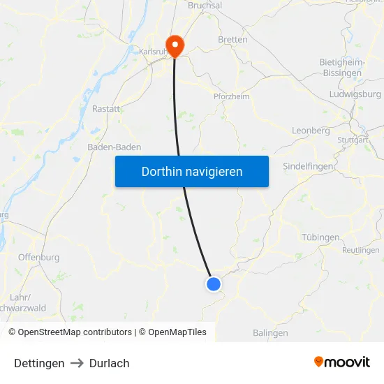 Dettingen to Durlach map