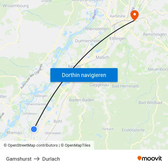 Gamshurst to Durlach map