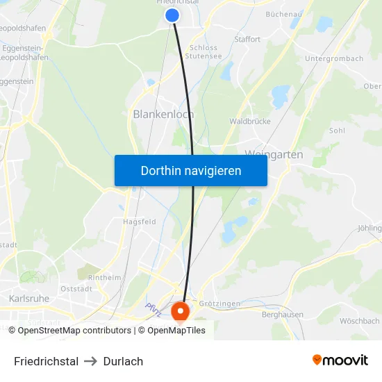 Friedrichstal to Durlach map