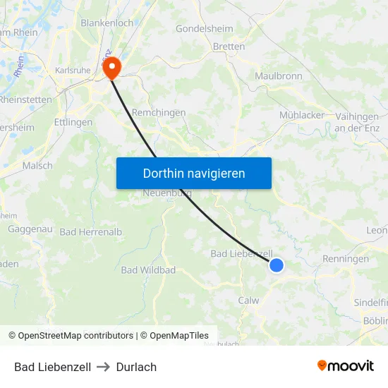 Bad Liebenzell to Durlach map