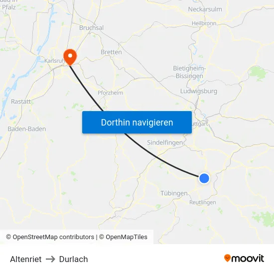 Altenriet to Durlach map