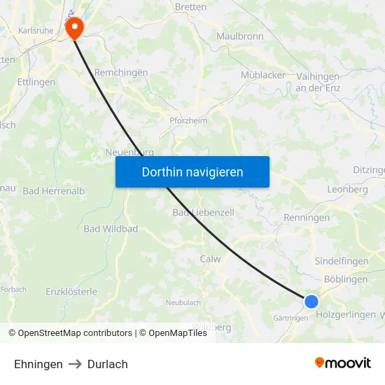 Ehningen to Durlach map