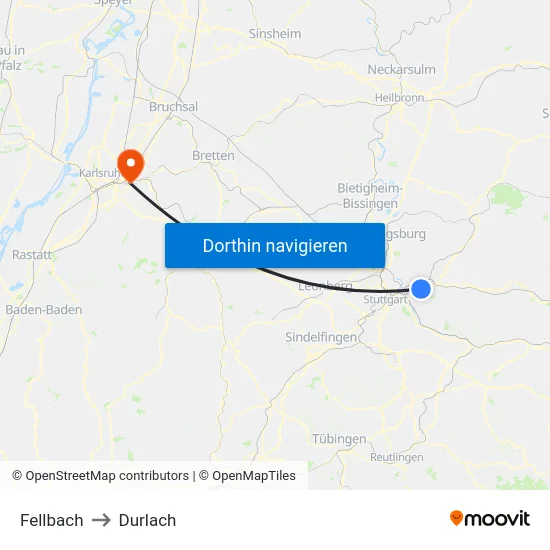 Fellbach to Durlach map