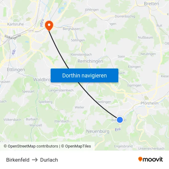 Birkenfeld to Durlach map
