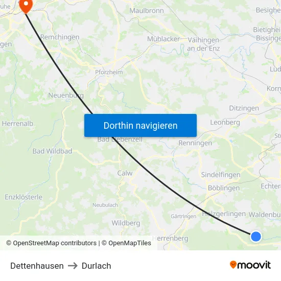 Dettenhausen to Durlach map