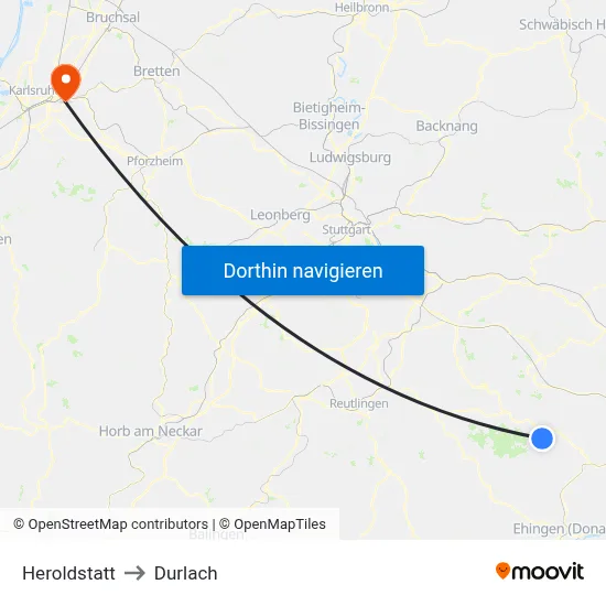 Heroldstatt to Durlach map