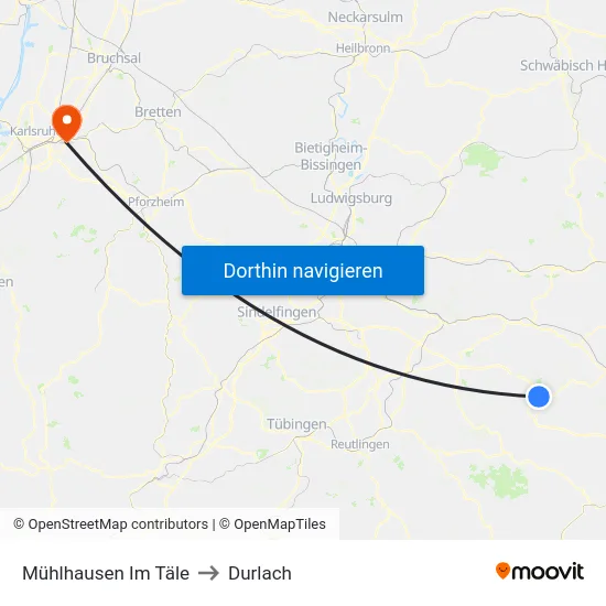 Mühlhausen Im Täle to Durlach map