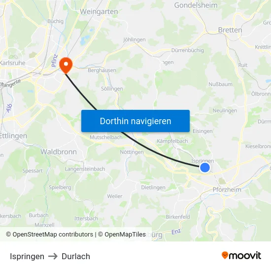 Ispringen to Durlach map