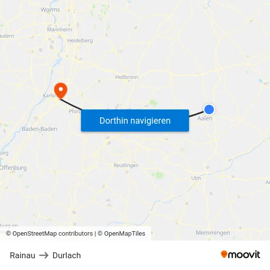 Rainau to Durlach map