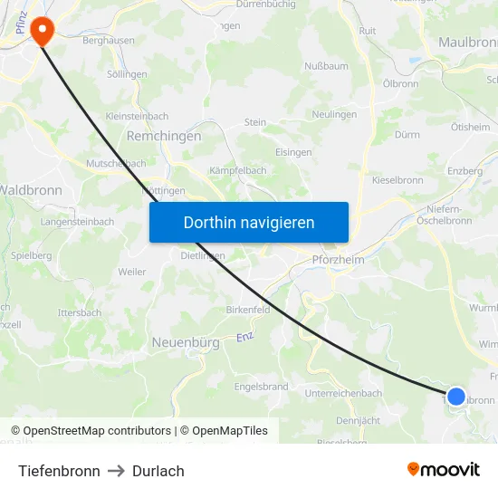 Tiefenbronn to Durlach map