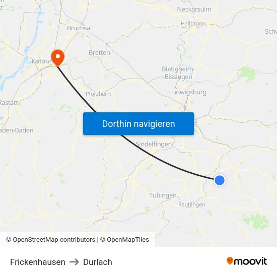 Frickenhausen to Durlach map