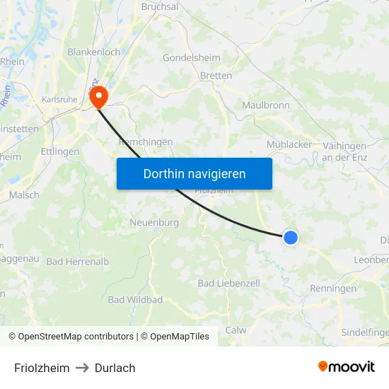 Friolzheim to Durlach map