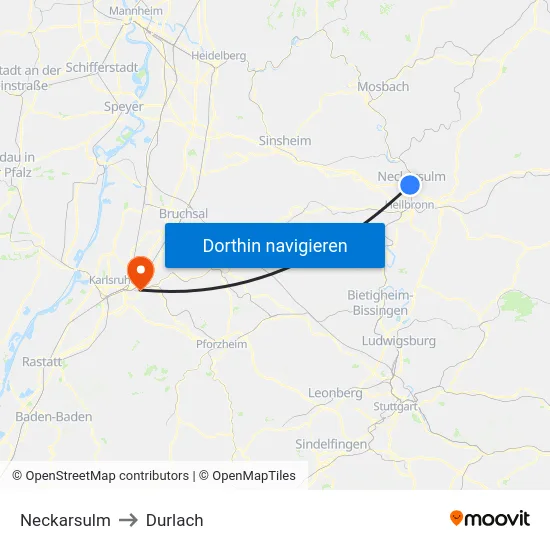Neckarsulm to Durlach map