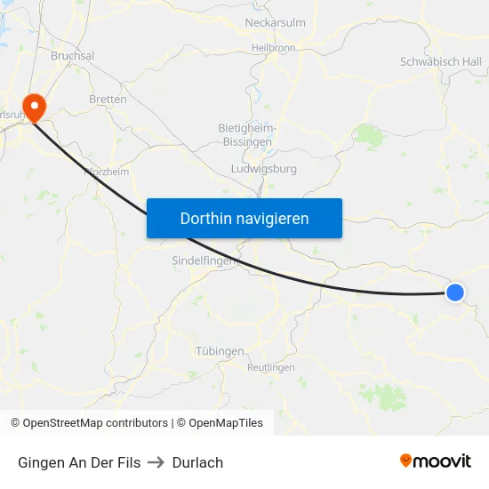 Gingen An Der Fils to Durlach map