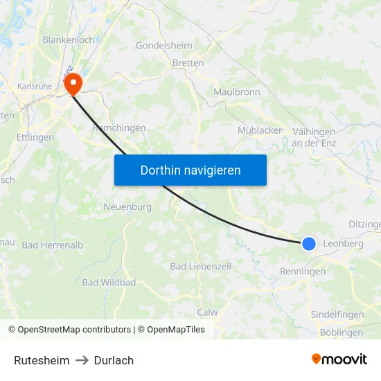 Rutesheim to Durlach map