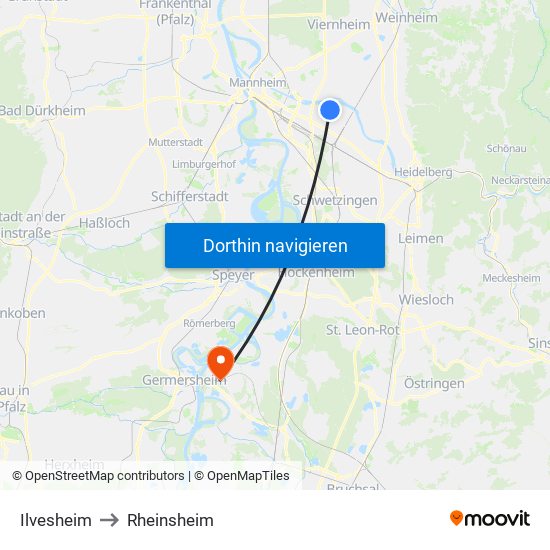 Ilvesheim to Rheinsheim map