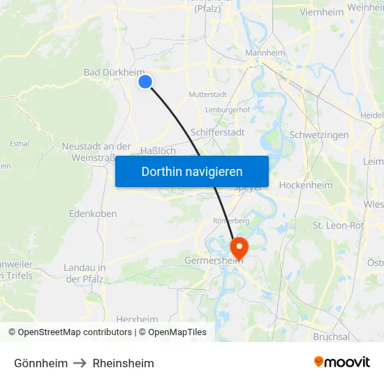 Gönnheim to Rheinsheim map
