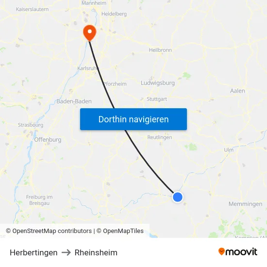 Herbertingen to Rheinsheim map
