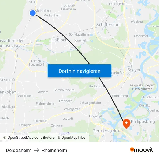 Deidesheim to Rheinsheim map