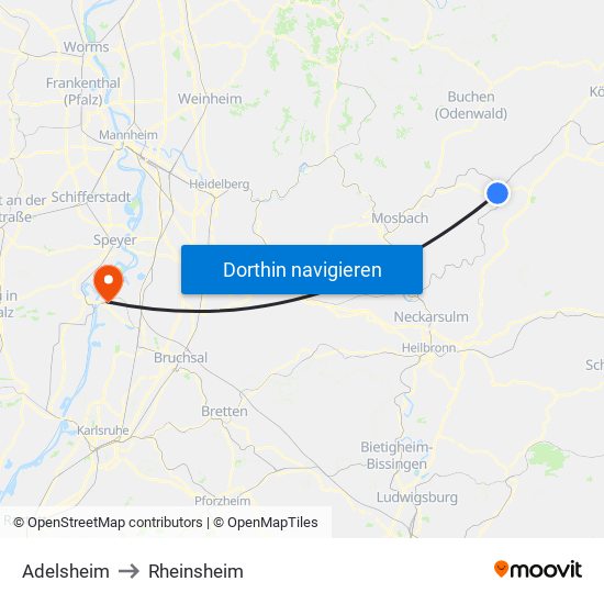 Adelsheim to Rheinsheim map