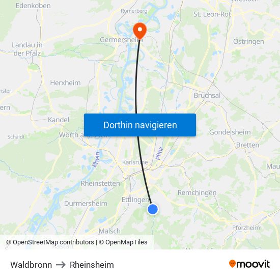 Waldbronn to Rheinsheim map