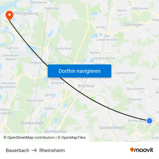 Bauerbach to Rheinsheim map