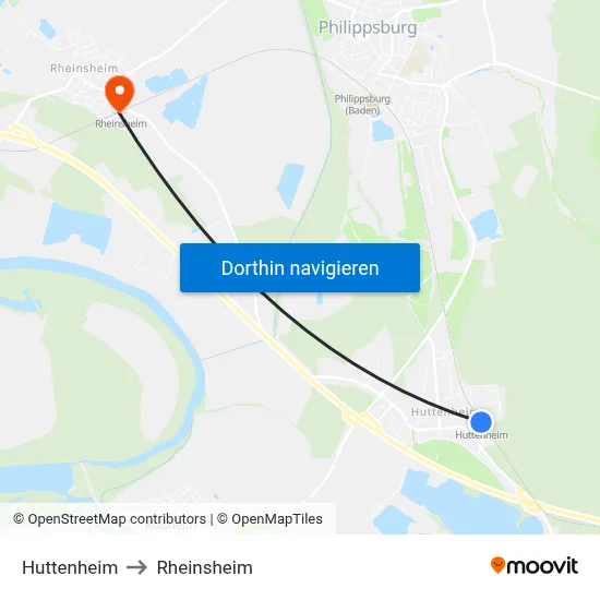 Huttenheim to Rheinsheim map