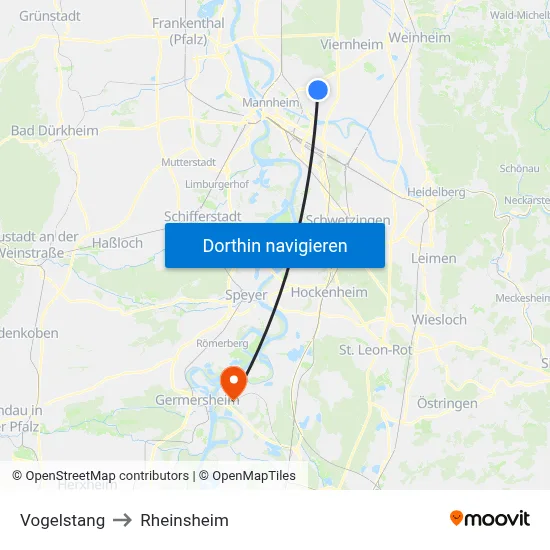 Vogelstang to Rheinsheim map