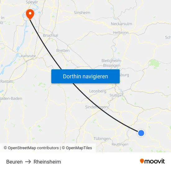 Beuren to Rheinsheim map