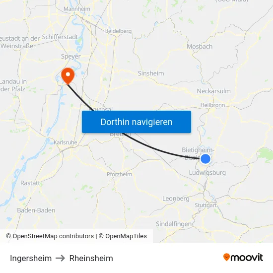 Ingersheim to Rheinsheim map