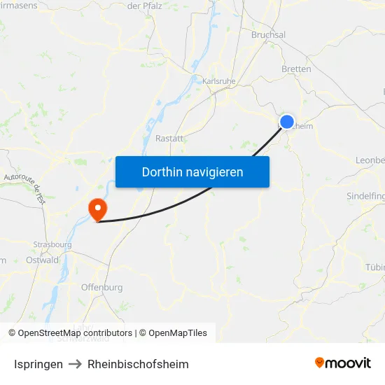 Ispringen to Rheinbischofsheim map