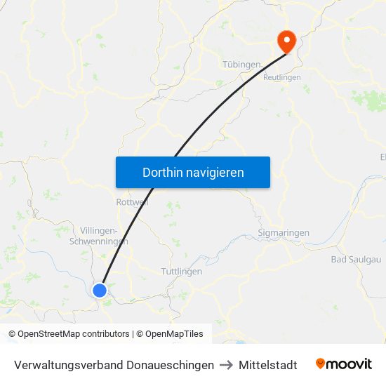 Verwaltungsverband Donaueschingen to Mittelstadt map