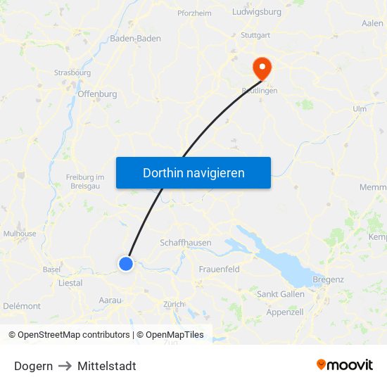 Dogern to Mittelstadt map