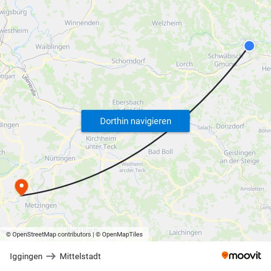 Iggingen to Mittelstadt map