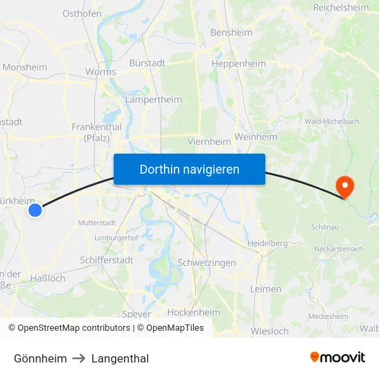 Gönnheim to Langenthal map