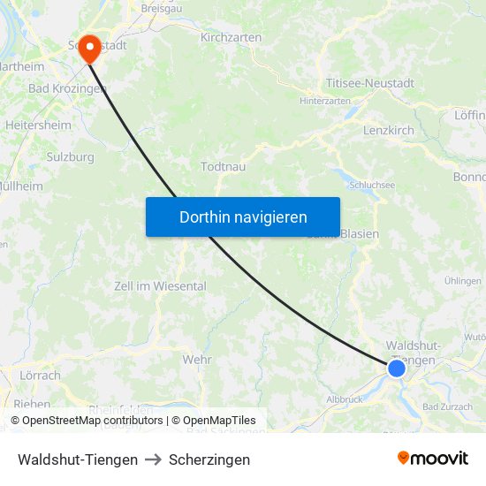 Waldshut-Tiengen to Scherzingen map