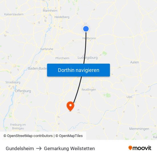 Gundelsheim to Gemarkung Weilstetten map