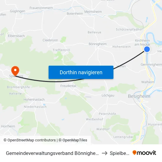 Gemeindeverwaltungsverband Bönnigheim to Spielberg map