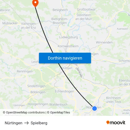 Nürtingen to Spielberg map