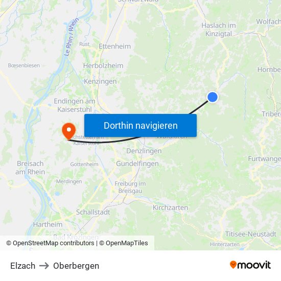 Elzach to Oberbergen map