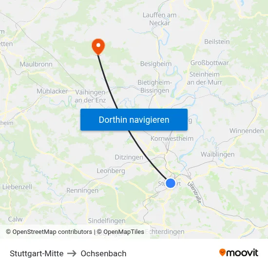 Stuttgart-Mitte to Ochsenbach map