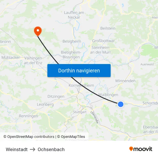 Weinstadt to Ochsenbach map